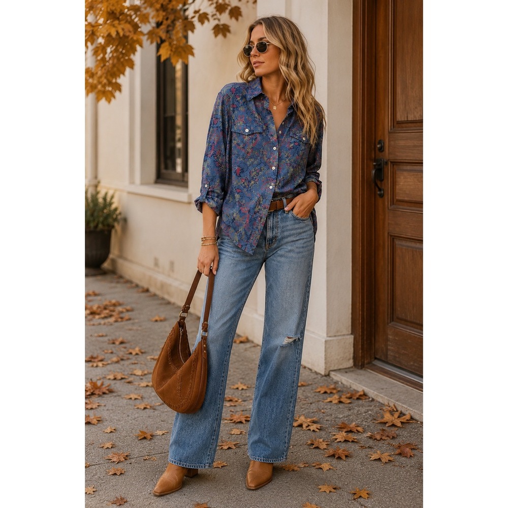 Lauren Jeans Co Ralph Lauren Paisley Chambray Button Up Shirt Blue Small